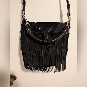 Danier Genuine Leather Fringe Crossbody Bucket Bag Black